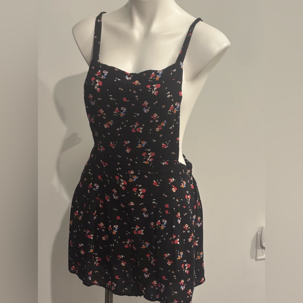 Free People Black Floral Sleeveless Romper with Pink & Red Accents Size S